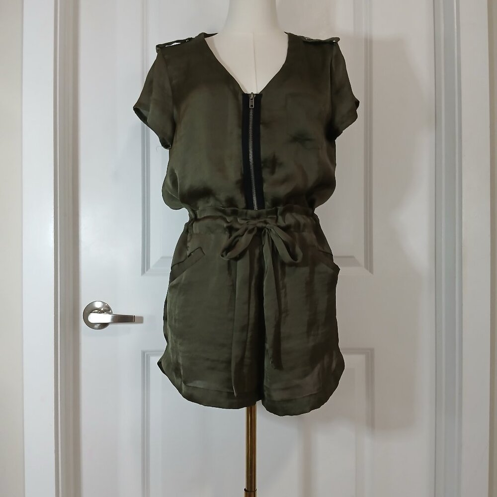 Satin Zip Front Romper Women’s Size S Green Short Sleeve Tie Waist